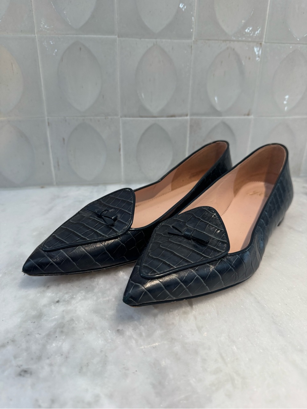 J. Crew Dark Green Croc-Embossed Pointed Flats